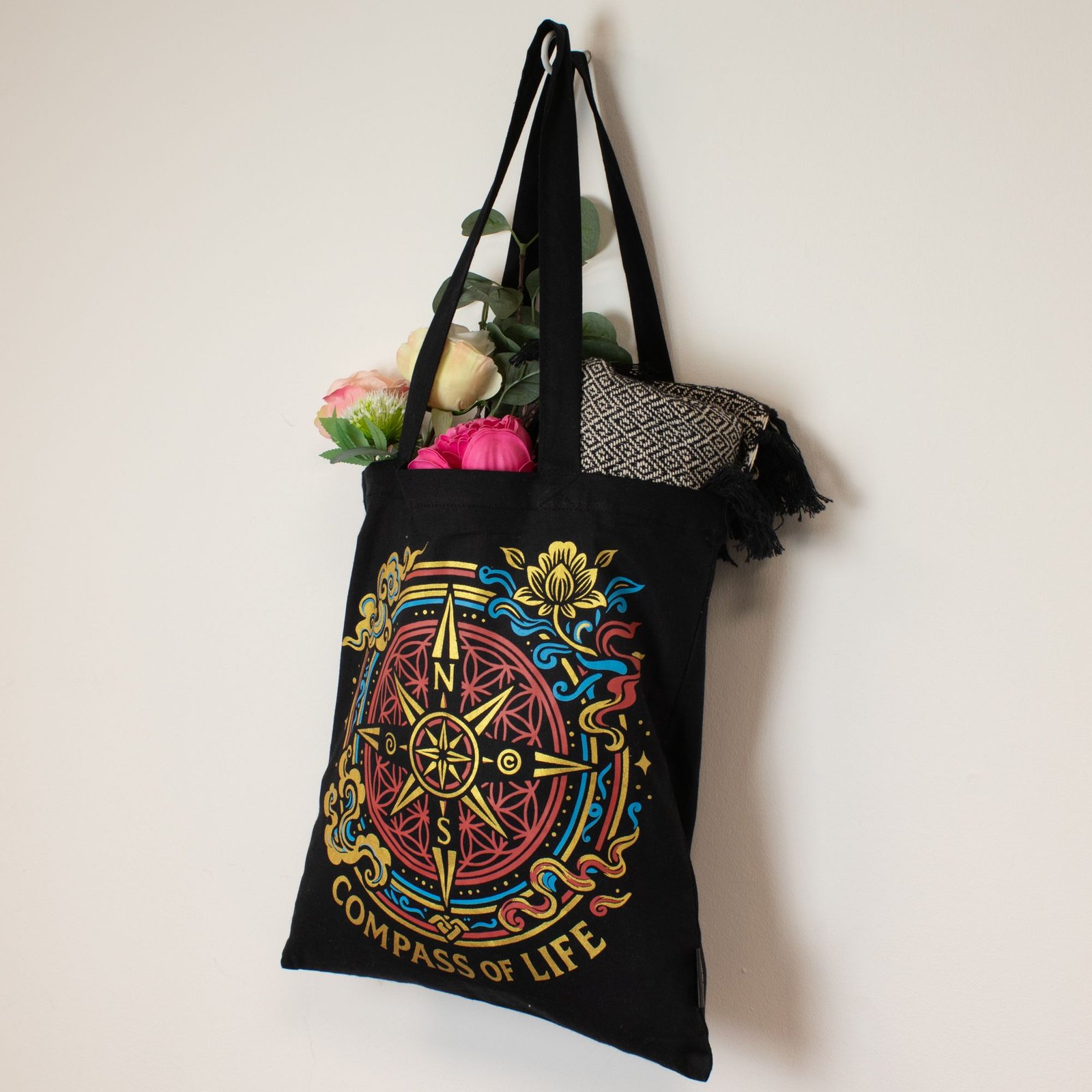 Bolso tote icónico y clásico - Brújula de la Vida - Negro 6oz - Imagen 5