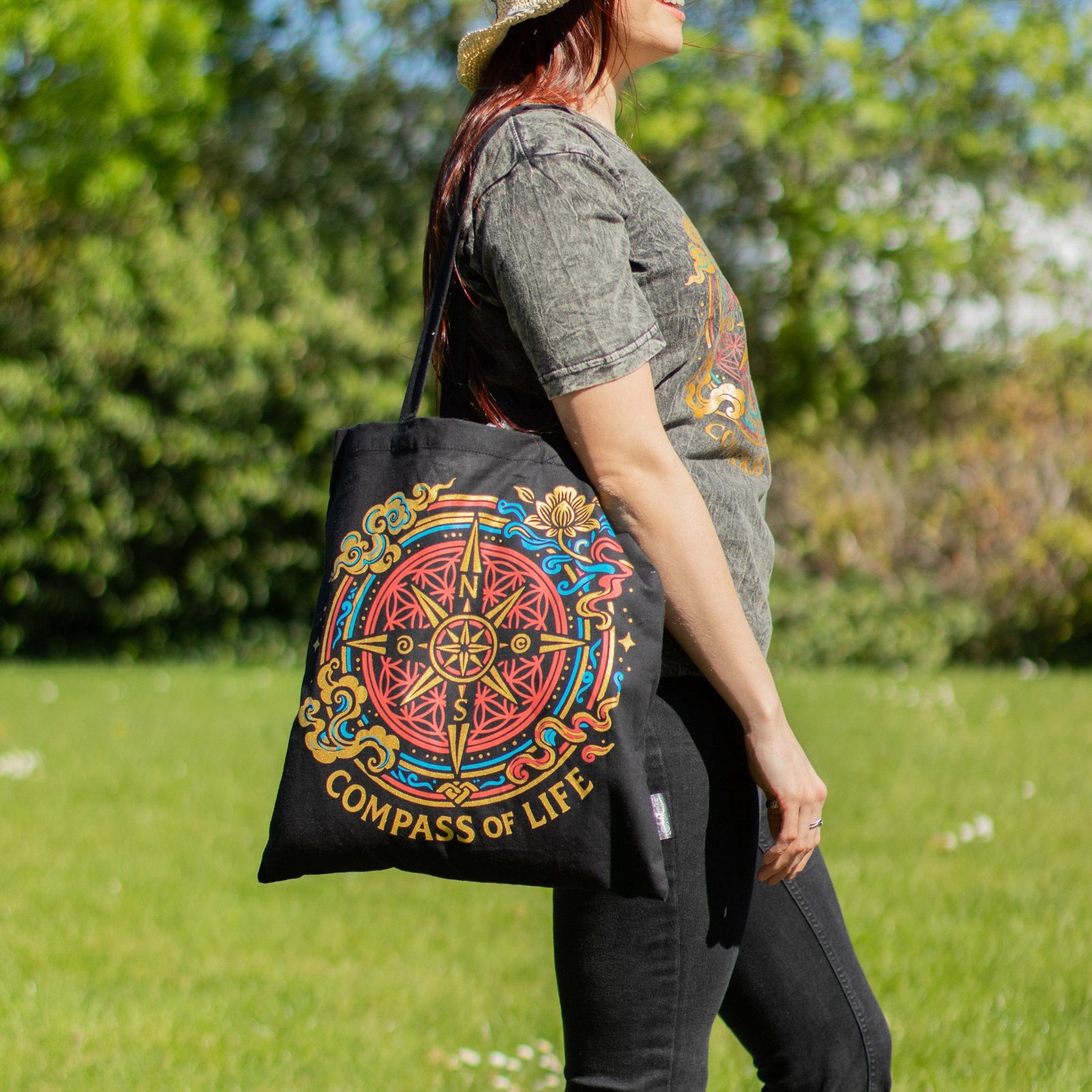 Bolso tote icónico y clásico - Brújula de la Vida - Negro 6oz - Imagen 7