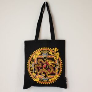 Bolso tote icónico y clásico - Dragón Yin y Yang - Negro 6 oz - Sundara Oriental