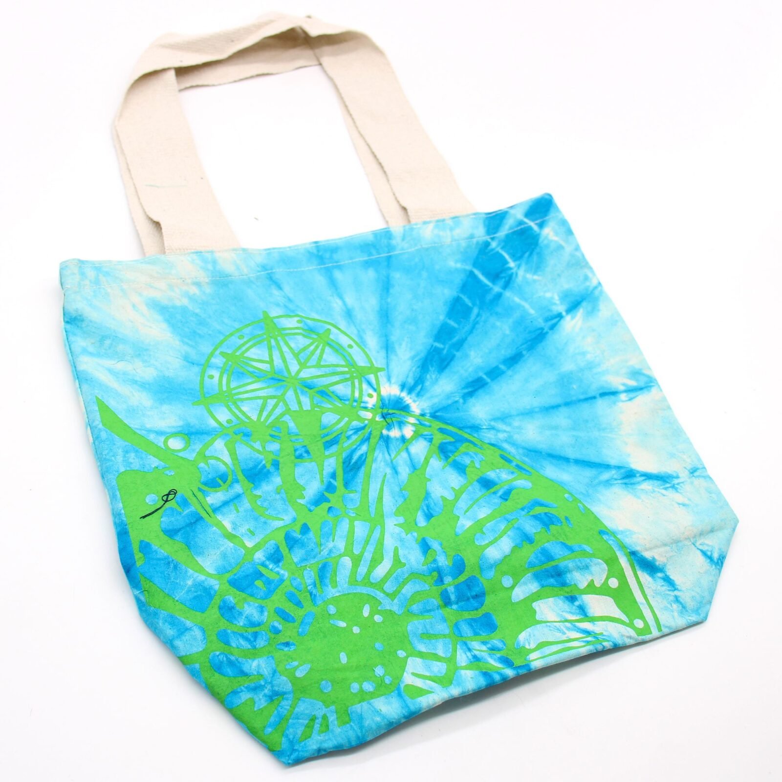 Bolsas de Algodón "Tie Dye" (170g) - 38x42x12cm - Concha Marina - Azul y verde - Asa Verde - Imagen 4