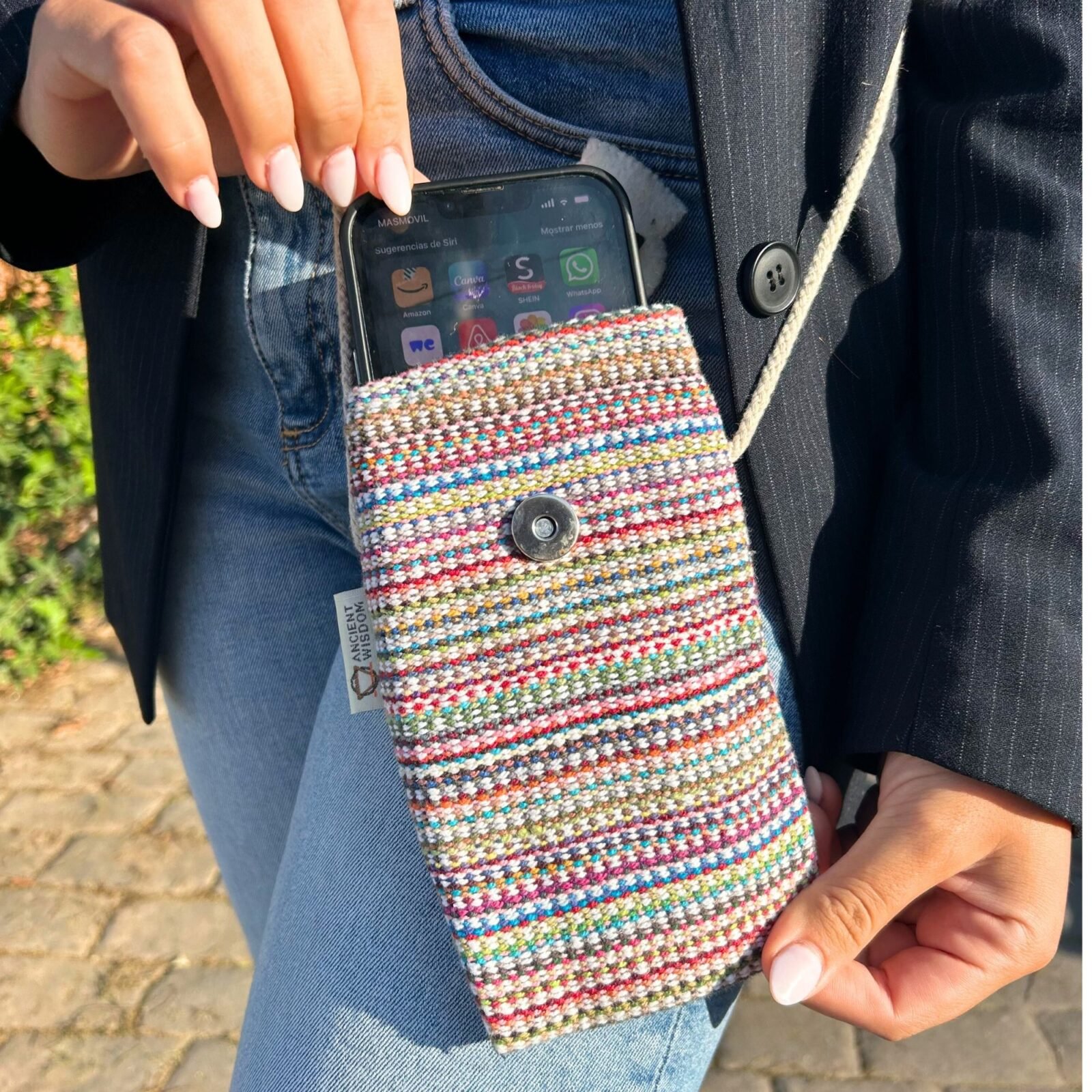 Bolso para Móvil de Rayas Rosas, Bordado Conejo - Imagen 2